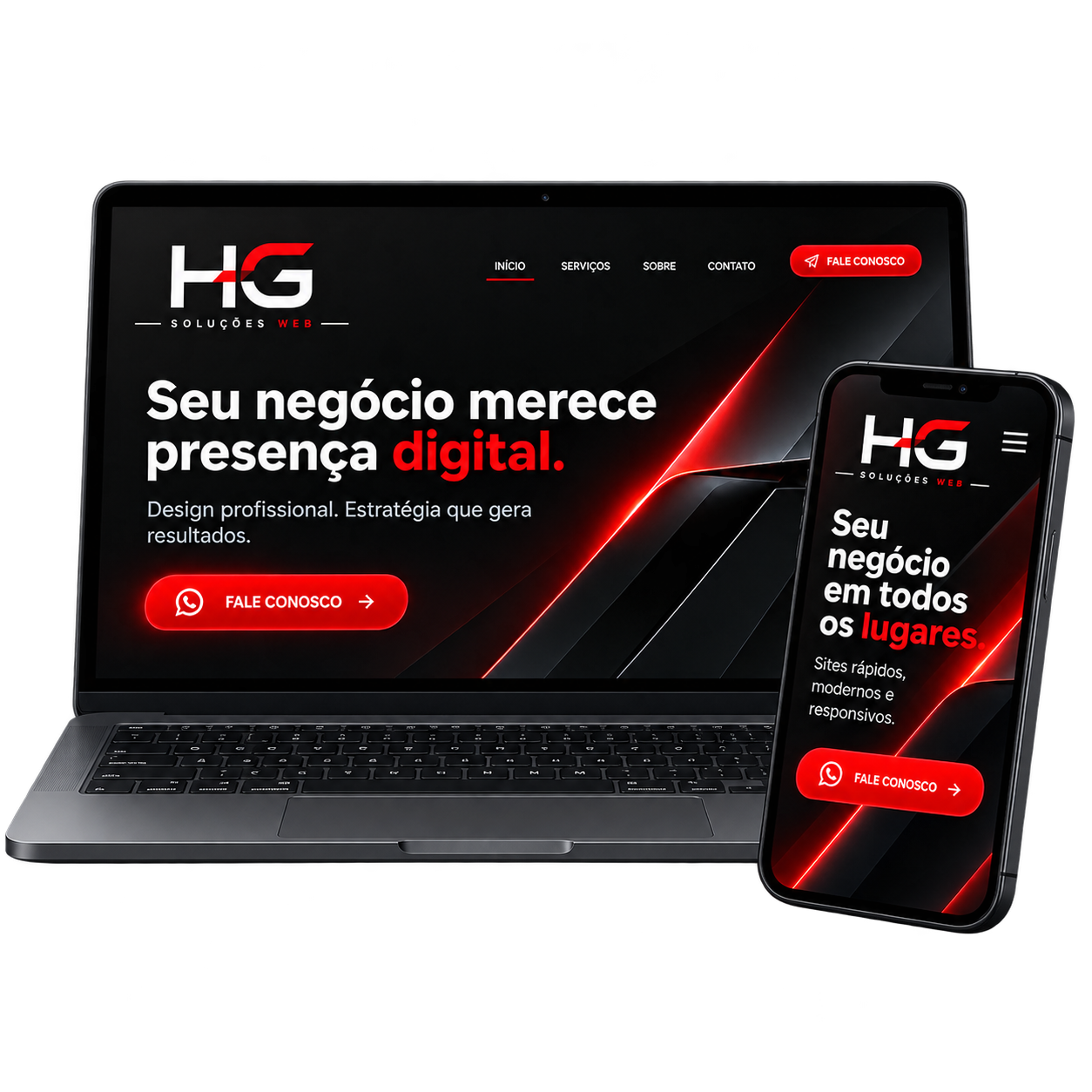 Site da HG Soluções Web exibido em um notebook e em um celular
